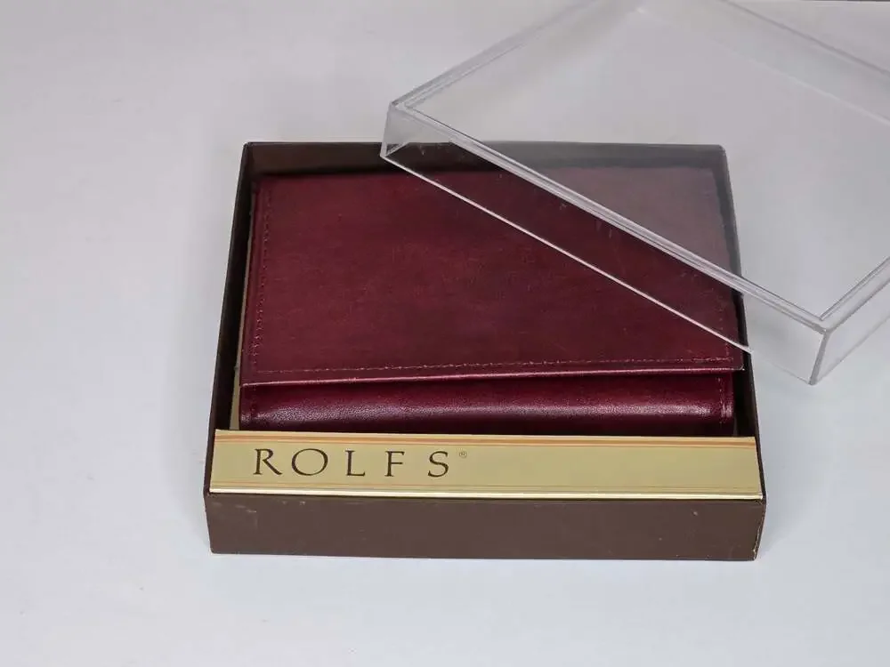 Vintage Rolfs American Classic Burgundy Leather Trifold Wallet with Original Box